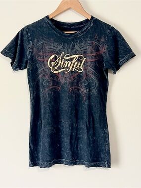 Affliction Black Distressed 'Sinful' Graphic Tee with Gold Script